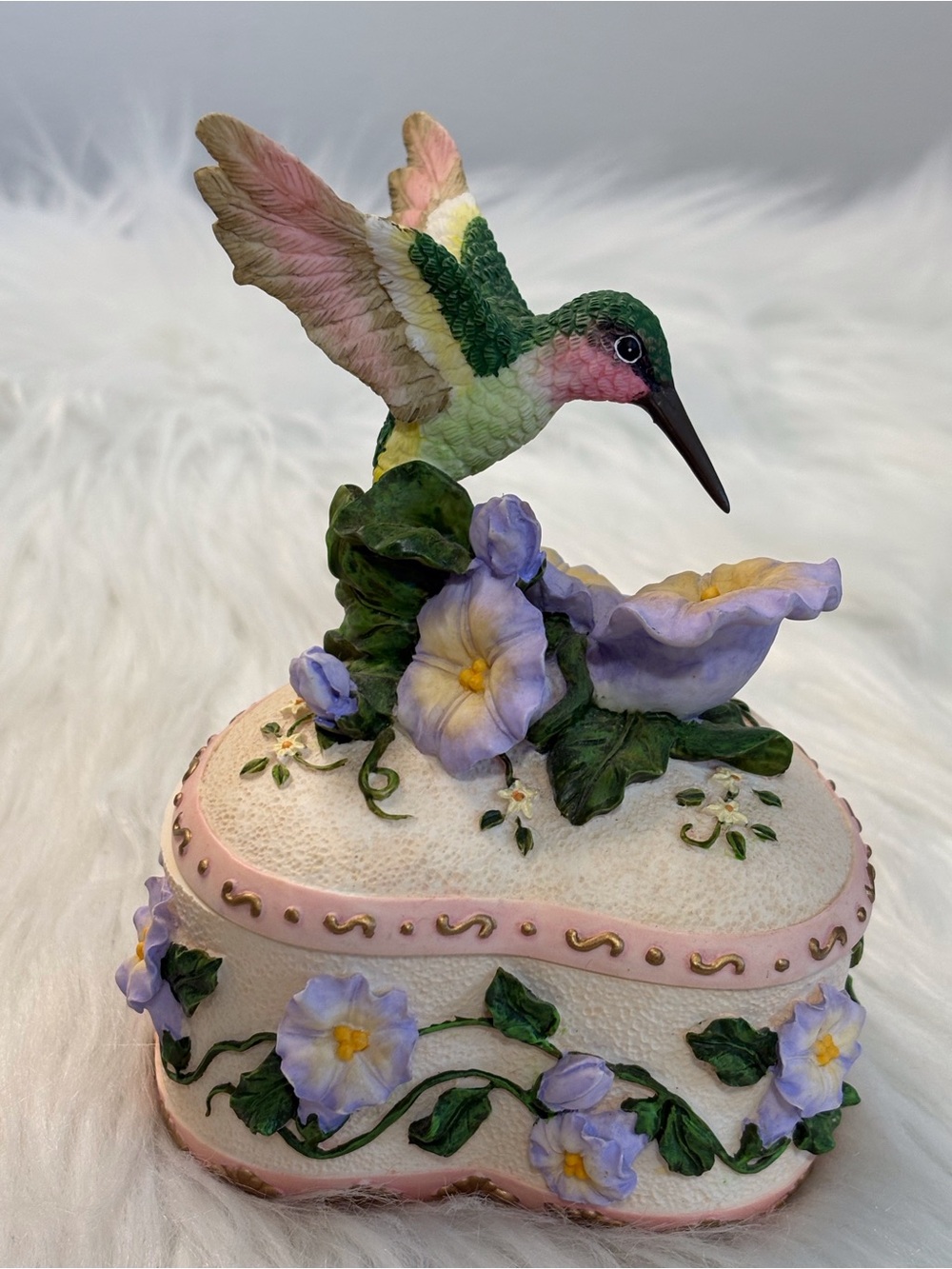 Hand-Painted Hummingbird Bird Trinket Musical Box - Pink & Green - Picture 2 of 10